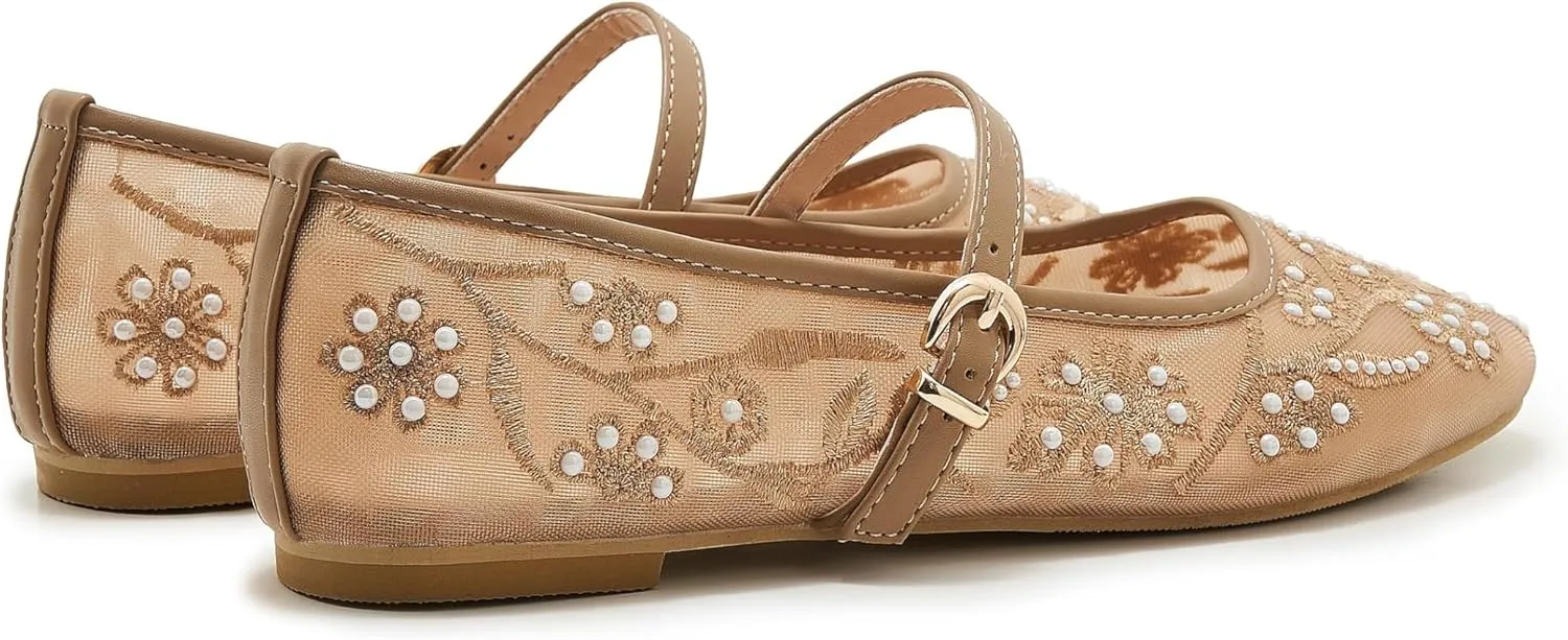 Embroidered Mesh Ballet Flat for Women Round Toe White Pearl Ballerina Shoes Buckle Strap Casual Comfortable Mary Jane Flats