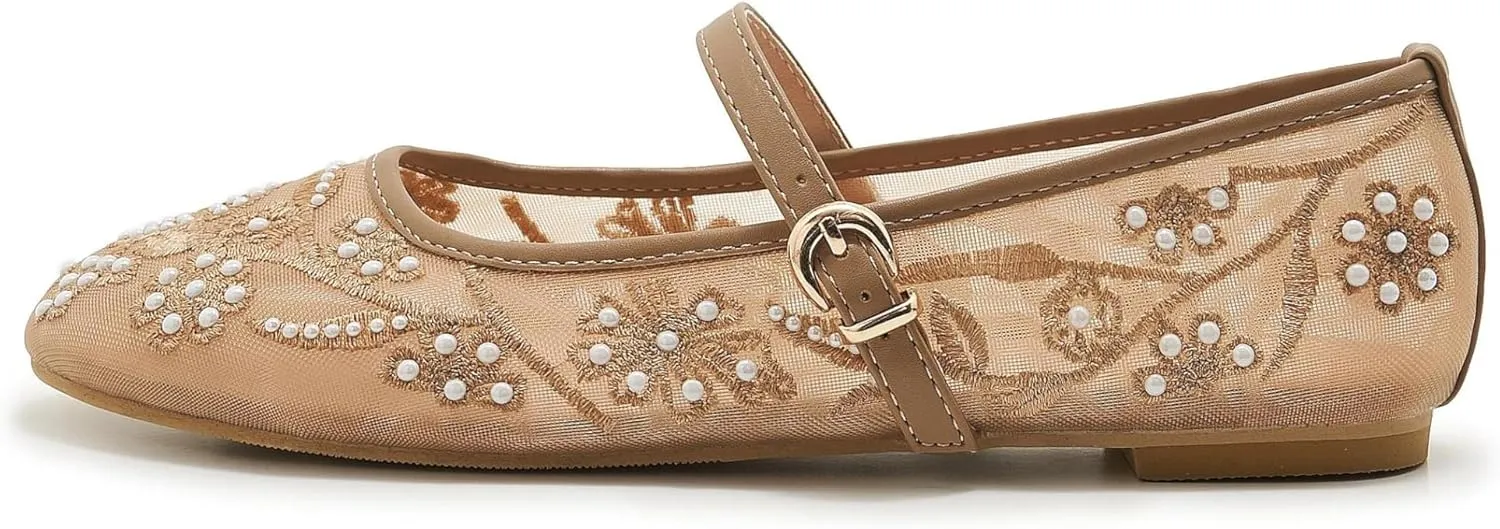 Embroidered Mesh Ballet Flat for Women Round Toe White Pearl Ballerina Shoes Buckle Strap Casual Comfortable Mary Jane Flats