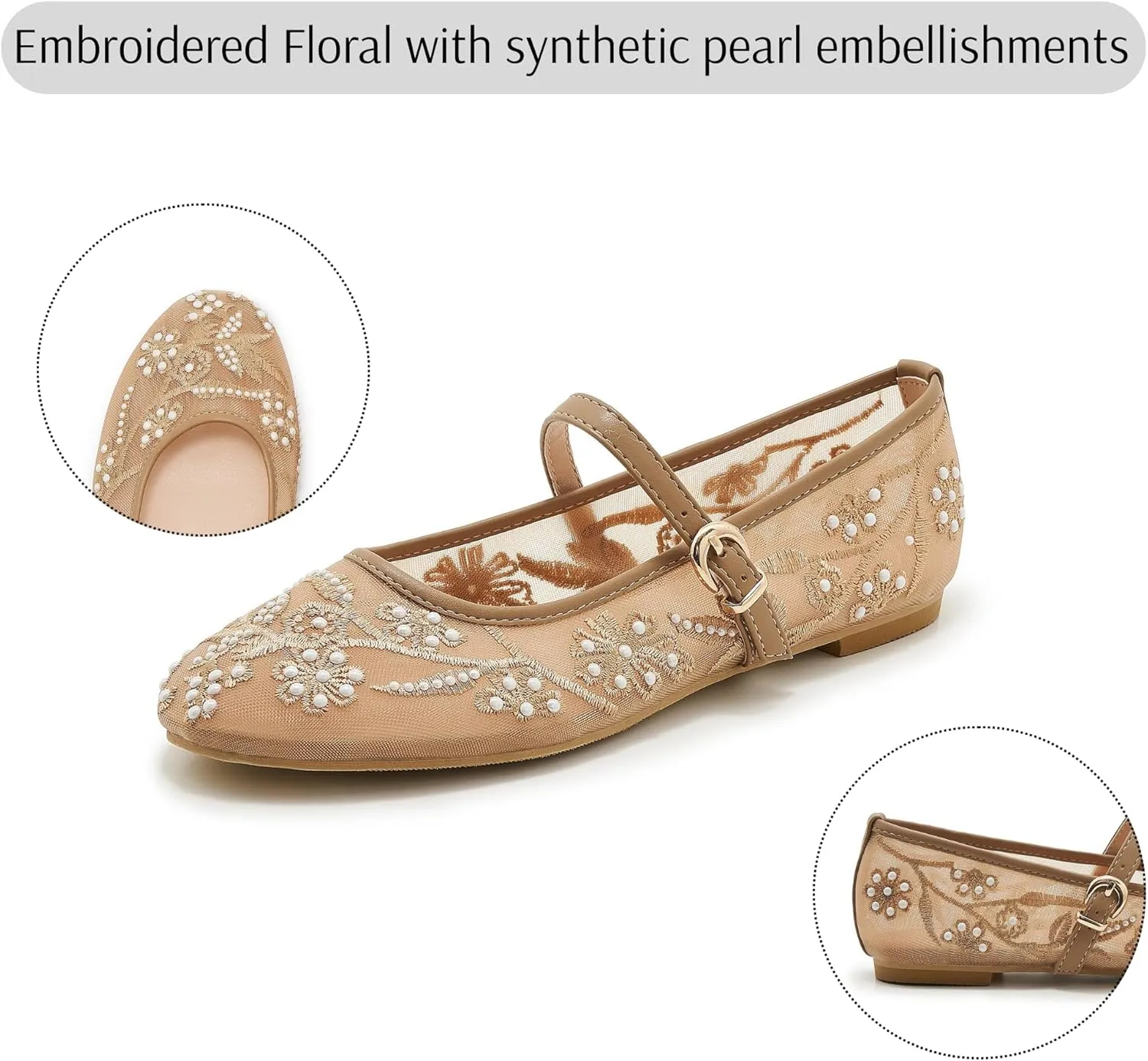 Embroidered Mesh Ballet Flat for Women Round Toe White Pearl Ballerina Shoes Buckle Strap Casual Comfortable Mary Jane Flats