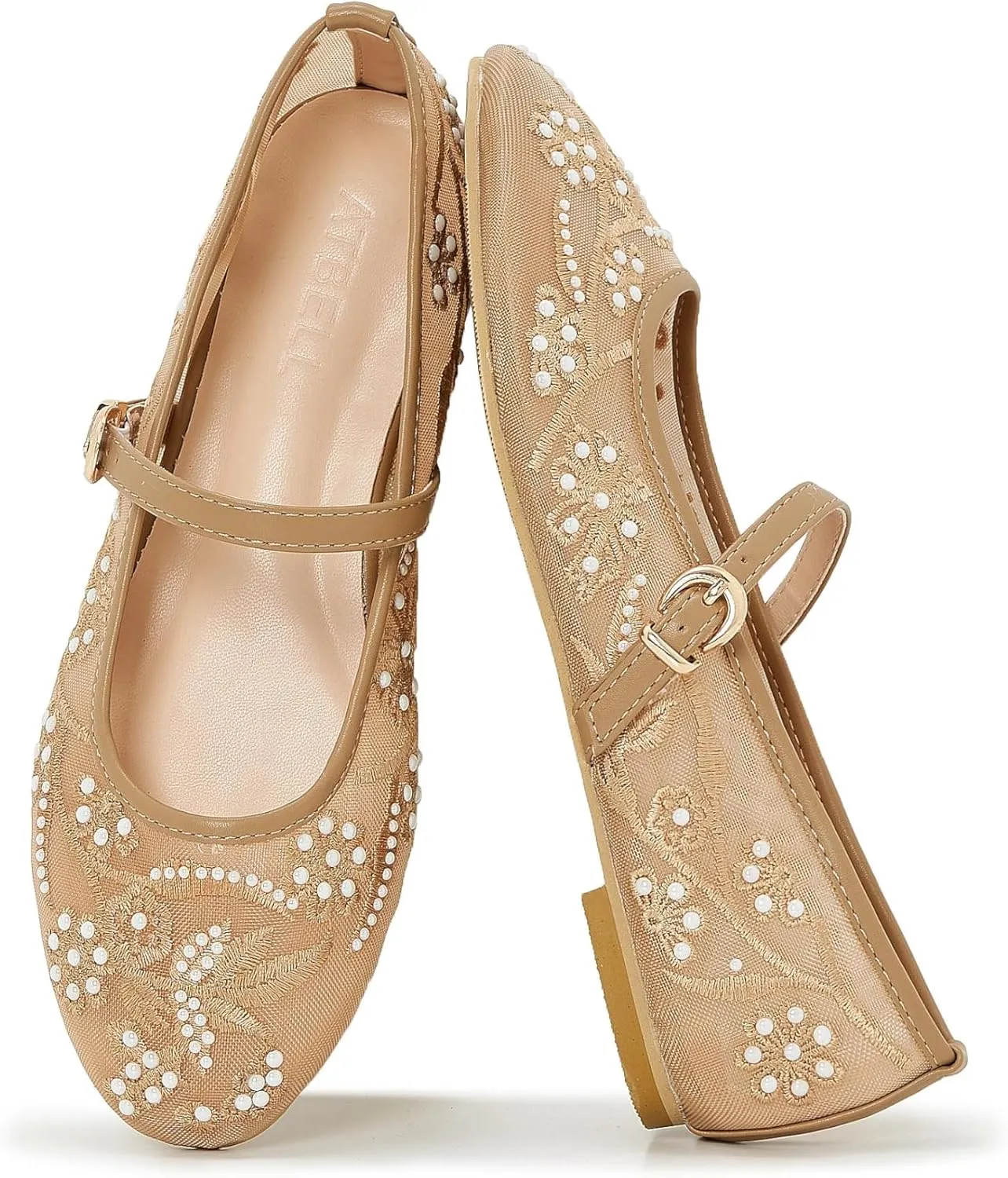 Embroidered Mesh Ballet Flat for Women Round Toe White Pearl Ballerina Shoes Buckle Strap Casual Comfortable Mary Jane Flats