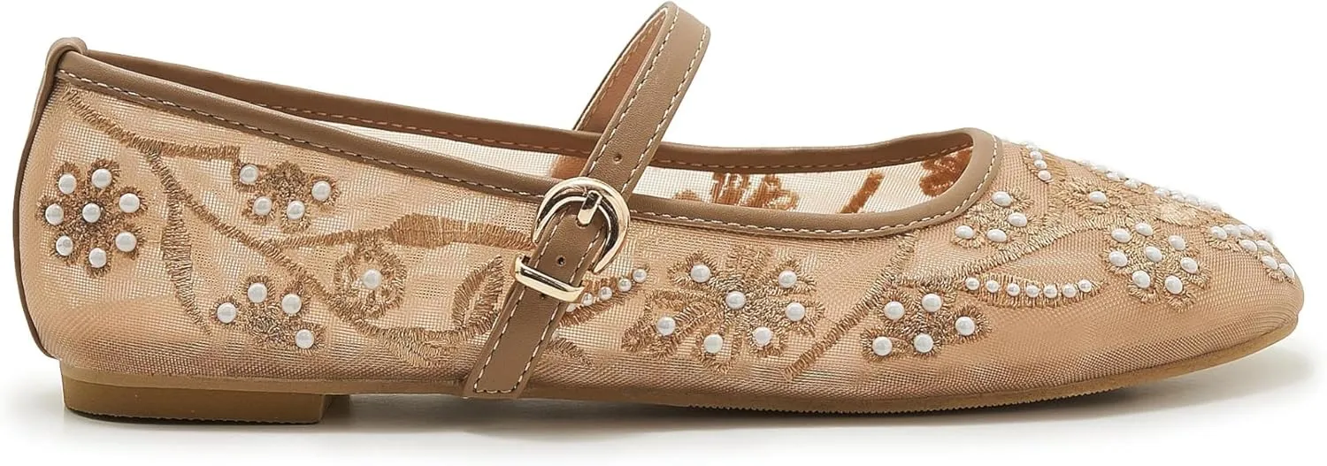 Embroidered Mesh Ballet Flat for Women Round Toe White Pearl Ballerina Shoes Buckle Strap Casual Comfortable Mary Jane Flats