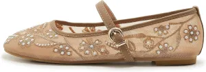 Embroidered Mesh Ballet Flat for Women Round Toe White Pearl Ballerina Shoes Buckle Strap Casual Comfortable Mary Jane Flats