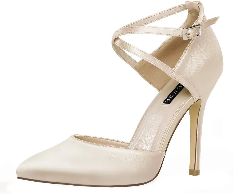 ERIJUNOR Women High Heel Ankle Strap Satin Dress Pumps Evening Prom Wedding Shoes