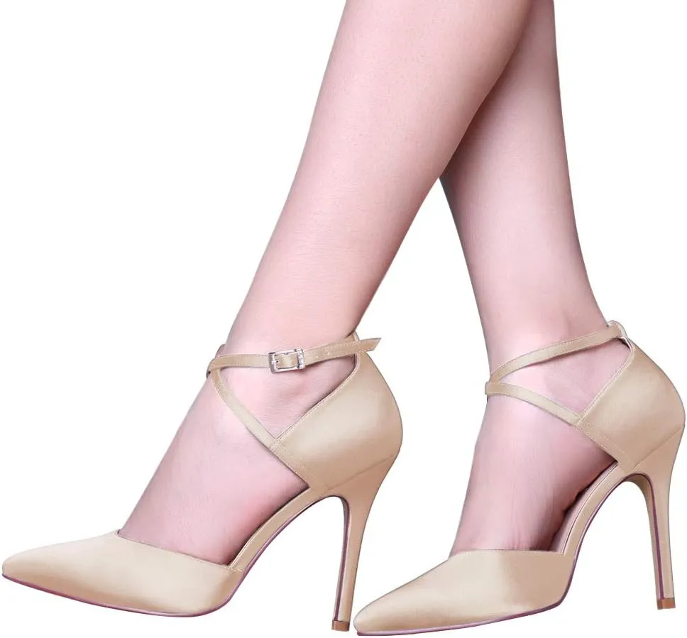 ERIJUNOR Women High Heel Ankle Strap Satin Dress Pumps Evening Prom Wedding Shoes