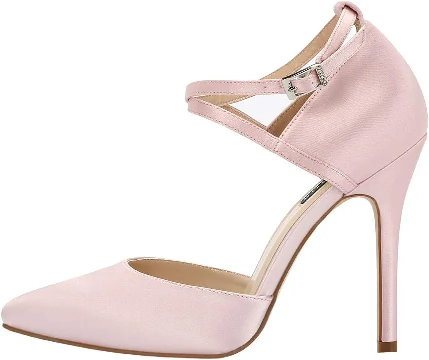 ERIJUNOR Women High Heel Ankle Strap Satin Dress Pumps Evening Prom Wedding Shoes