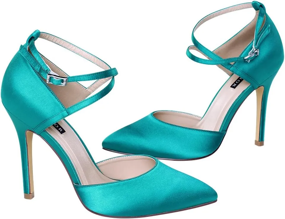 ERIJUNOR Women High Heel Ankle Strap Satin Dress Pumps Evening Prom Wedding Shoes