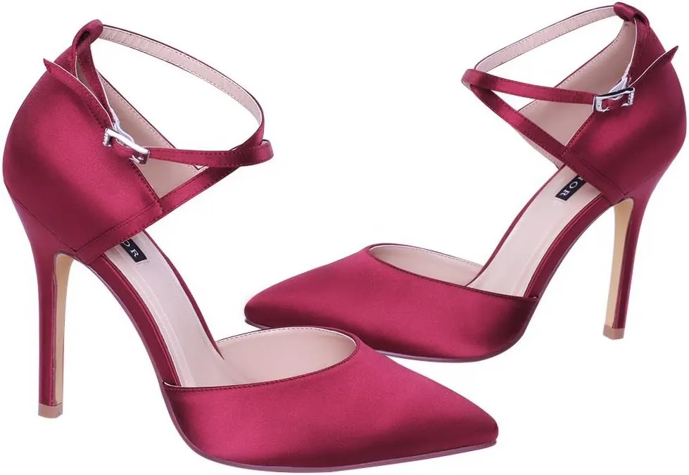 ERIJUNOR Women High Heel Ankle Strap Satin Dress Pumps Evening Prom Wedding Shoes