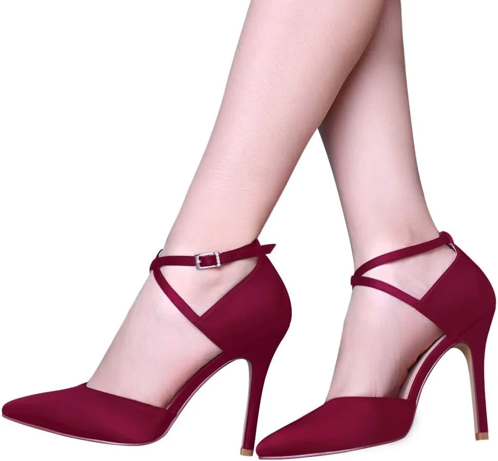 ERIJUNOR Women High Heel Ankle Strap Satin Dress Pumps Evening Prom Wedding Shoes