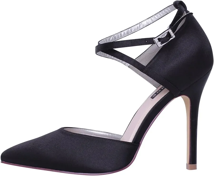 ERIJUNOR Women High Heel Ankle Strap Satin Dress Pumps Evening Prom Wedding Shoes