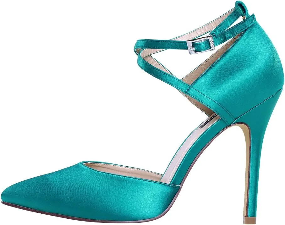 ERIJUNOR Women High Heel Ankle Strap Satin Dress Pumps Evening Prom Wedding Shoes