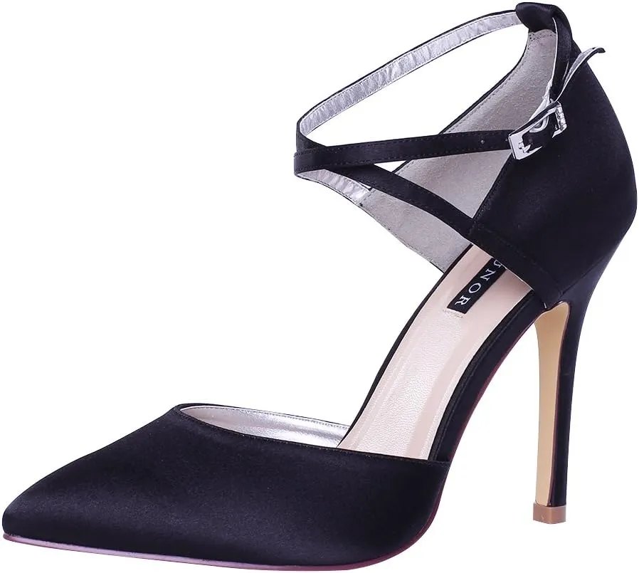 ERIJUNOR Women High Heel Ankle Strap Satin Dress Pumps Evening Prom Wedding Shoes