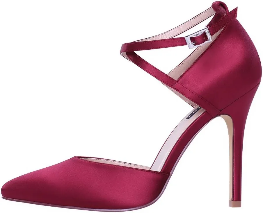 ERIJUNOR Women High Heel Ankle Strap Satin Dress Pumps Evening Prom Wedding Shoes