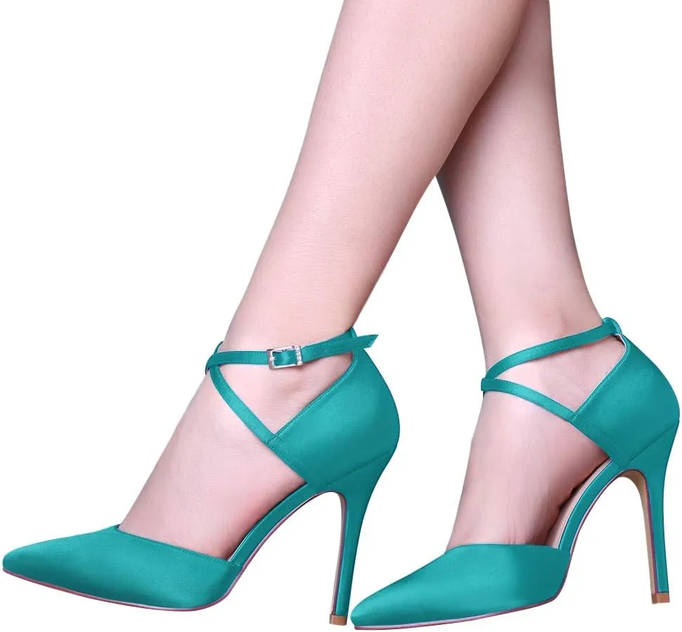 ERIJUNOR Women High Heel Ankle Strap Satin Dress Pumps Evening Prom Wedding Shoes