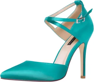 ERIJUNOR Women High Heel Ankle Strap Satin Dress Pumps Evening Prom Wedding Shoes