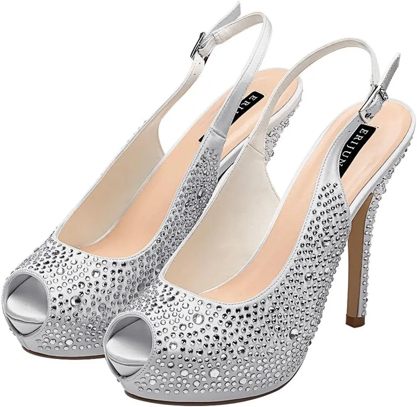 ERIJUNOR Women High Heel Peep Toe Rhinestones Slingback Platform Pumps Wedding Evening Dress Shoes