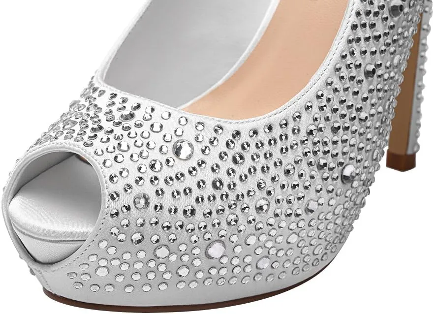 ERIJUNOR Women High Heel Peep Toe Rhinestones Slingback Platform Pumps Wedding Evening Dress Shoes