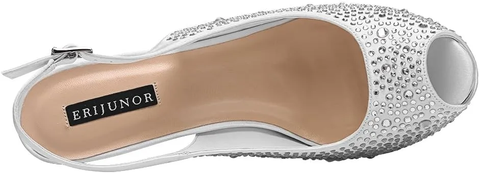 ERIJUNOR Women High Heel Peep Toe Rhinestones Slingback Platform Pumps Wedding Evening Dress Shoes