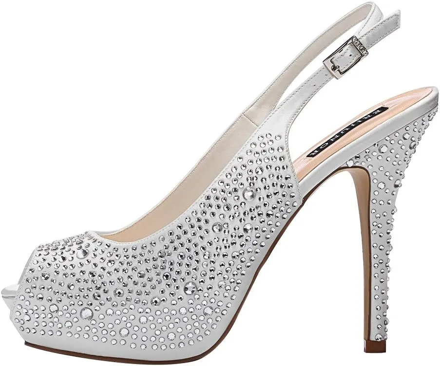 ERIJUNOR Women High Heel Peep Toe Rhinestones Slingback Platform Pumps Wedding Evening Dress Shoes