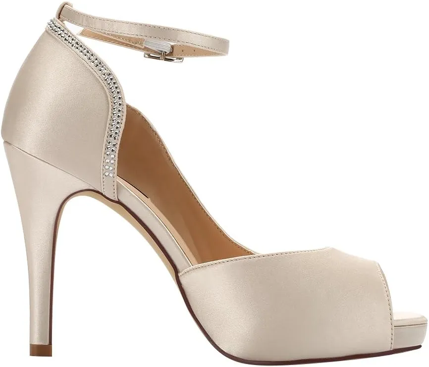 ERIJUNOR Women Peep Toe Side Open Rhinestones Comfortable Platform Satin Bridal Wedding Party Shoes