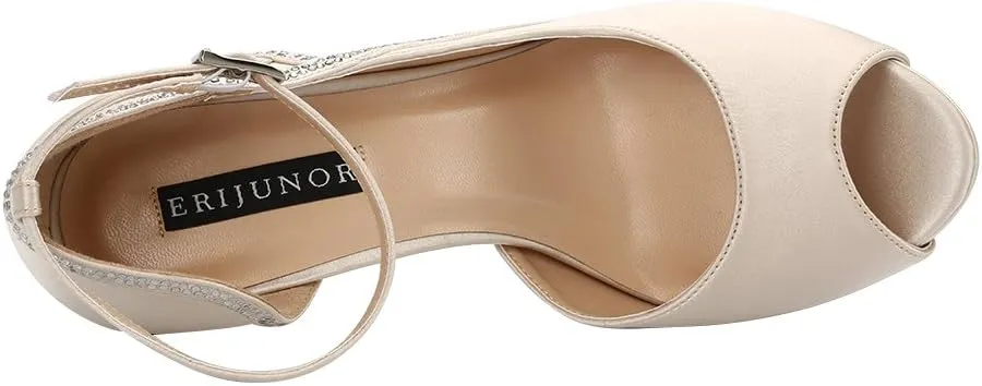 ERIJUNOR Women Peep Toe Side Open Rhinestones Comfortable Platform Satin Bridal Wedding Party Shoes