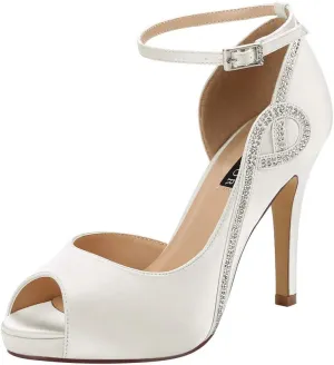 ERIJUNOR Women Peep Toe Side Open Rhinestones Comfortable Platform Satin Bridal Wedding Party Shoes