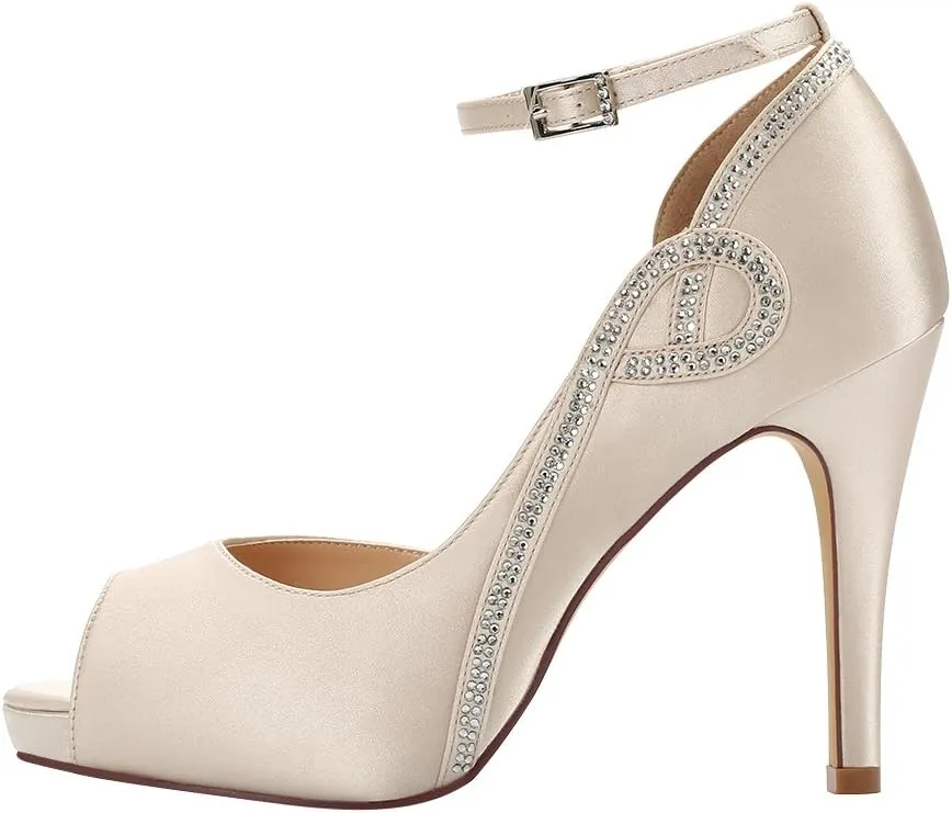 ERIJUNOR Women Peep Toe Side Open Rhinestones Comfortable Platform Satin Bridal Wedding Party Shoes