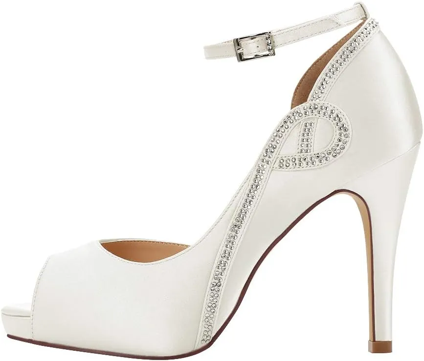 ERIJUNOR Women Peep Toe Side Open Rhinestones Comfortable Platform Satin Bridal Wedding Party Shoes