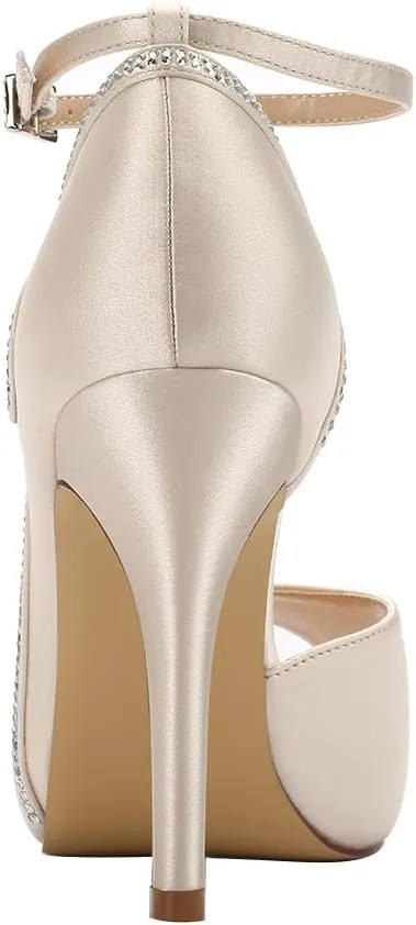 ERIJUNOR Women Peep Toe Side Open Rhinestones Comfortable Platform Satin Bridal Wedding Party Shoes