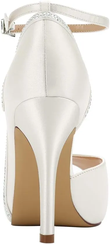 ERIJUNOR Women Peep Toe Side Open Rhinestones Comfortable Platform Satin Bridal Wedding Party Shoes