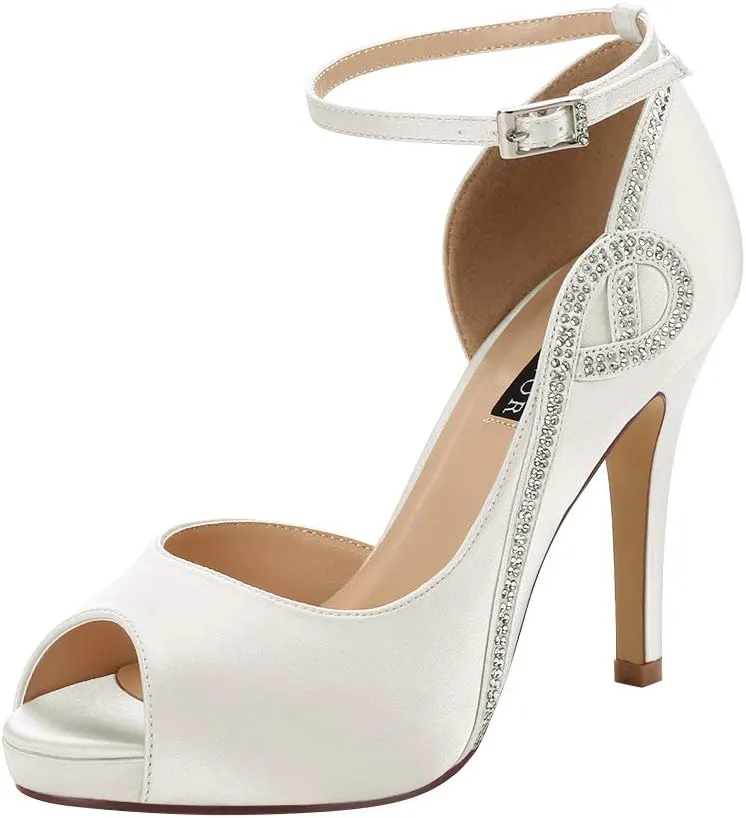 ERIJUNOR Women Peep Toe Side Open Rhinestones Comfortable Platform Satin Bridal Wedding Party Shoes