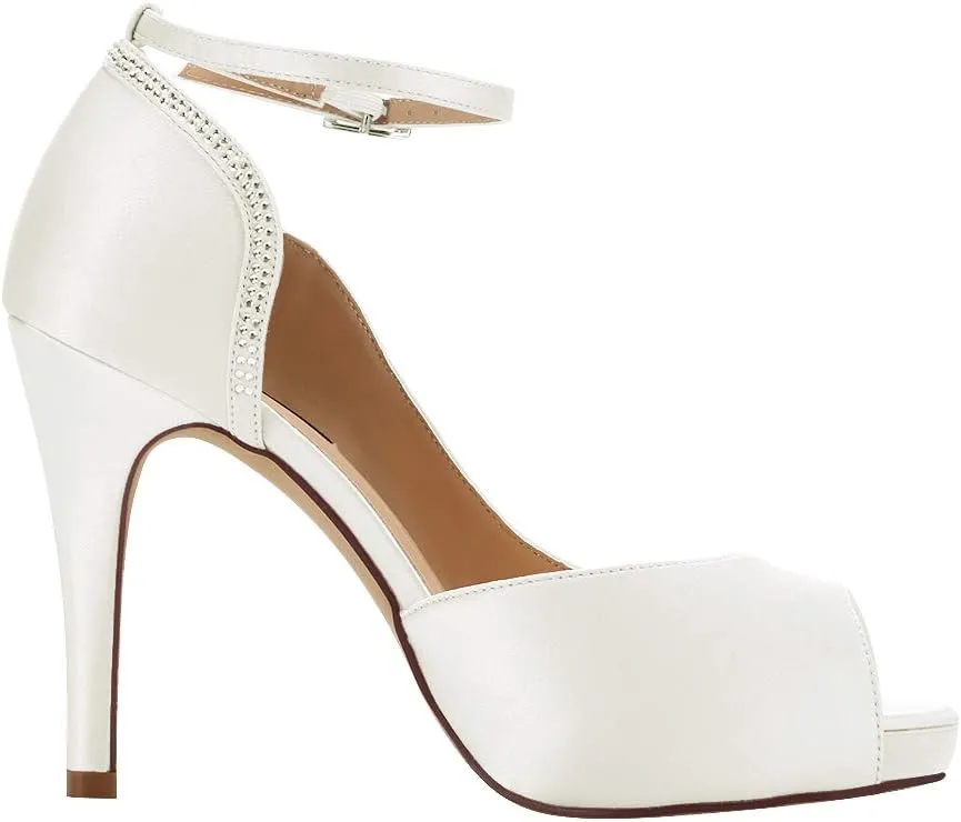 ERIJUNOR Women Peep Toe Side Open Rhinestones Comfortable Platform Satin Bridal Wedding Party Shoes