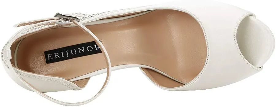 ERIJUNOR Women Peep Toe Side Open Rhinestones Comfortable Platform Satin Bridal Wedding Party Shoes
