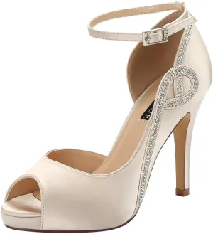 ERIJUNOR Women Peep Toe Side Open Rhinestones Comfortable Platform Satin Bridal Wedding Party Shoes
