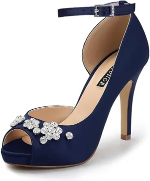 ERIJUNOR Women's Peep Toe Platform High Heel Rhinestones Satin Evening Prom Wedding Shoes