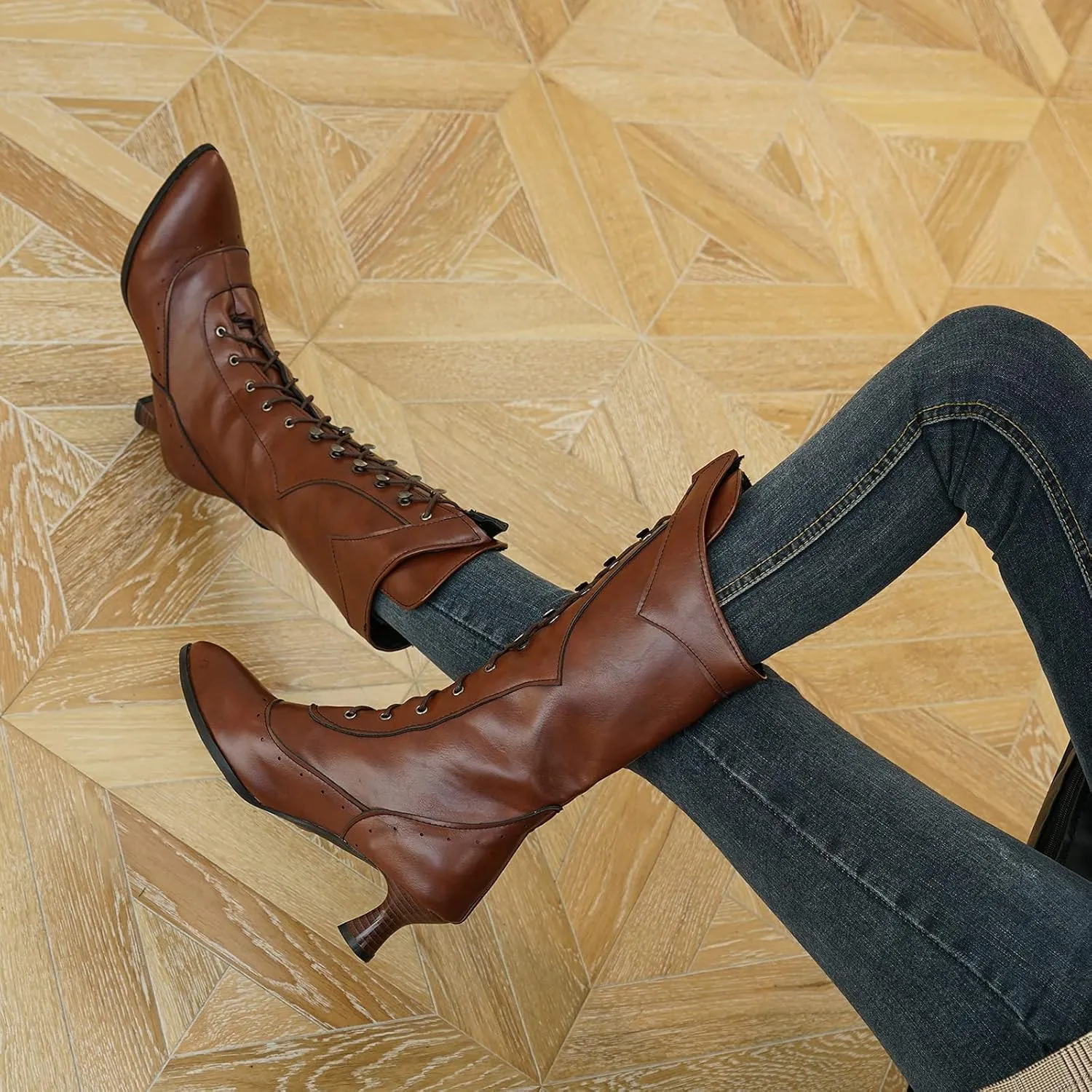 Erocalli Goth Boots Renaissance Victorian Shoes Sweet Bow Mid Calf Boots Mid Heels Lace Up Studded Bowknot ​Witch Boot