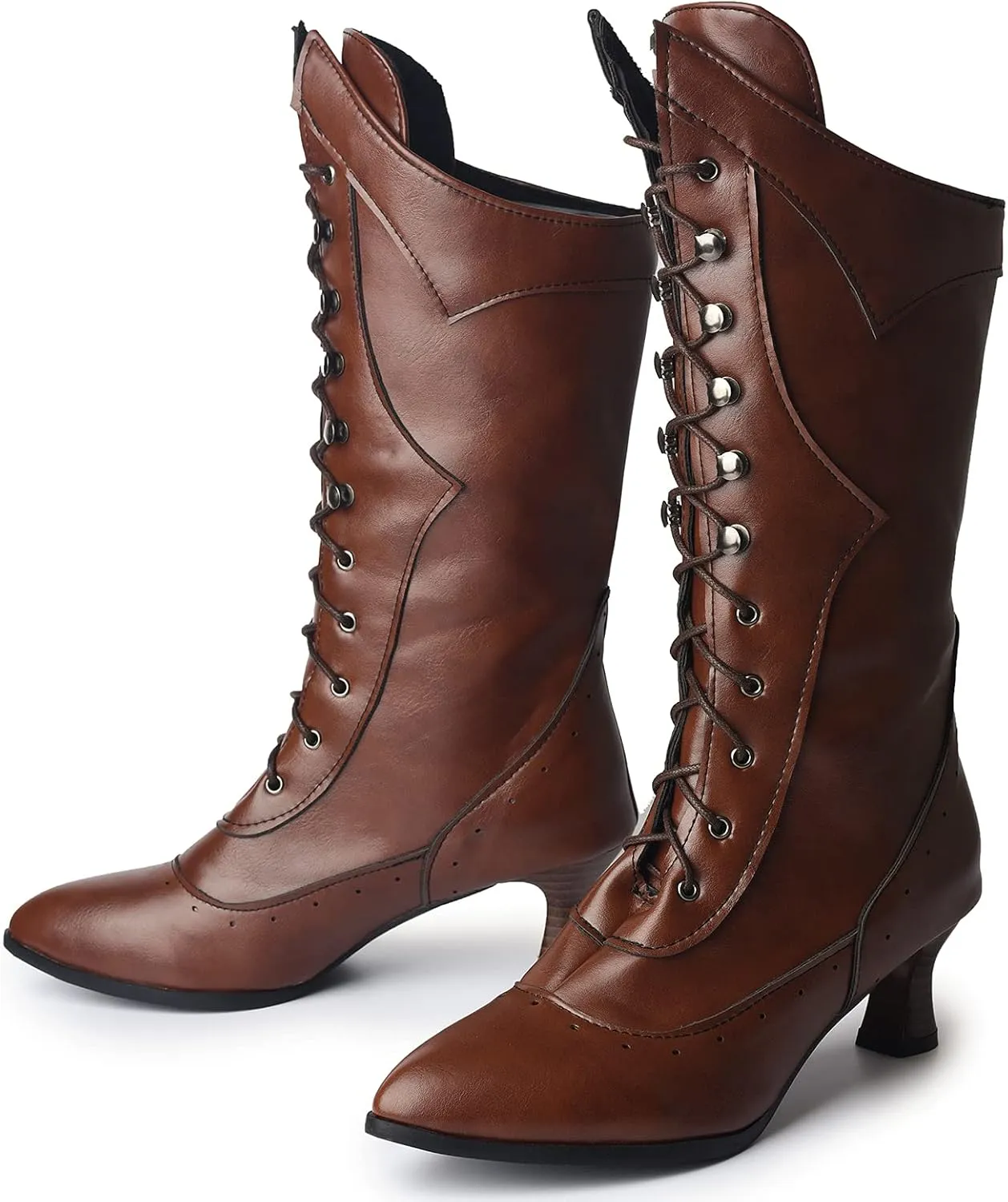 Erocalli Goth Boots Renaissance Victorian Shoes Sweet Bow Mid Calf Boots Mid Heels Lace Up Studded Bowknot ​Witch Boot
