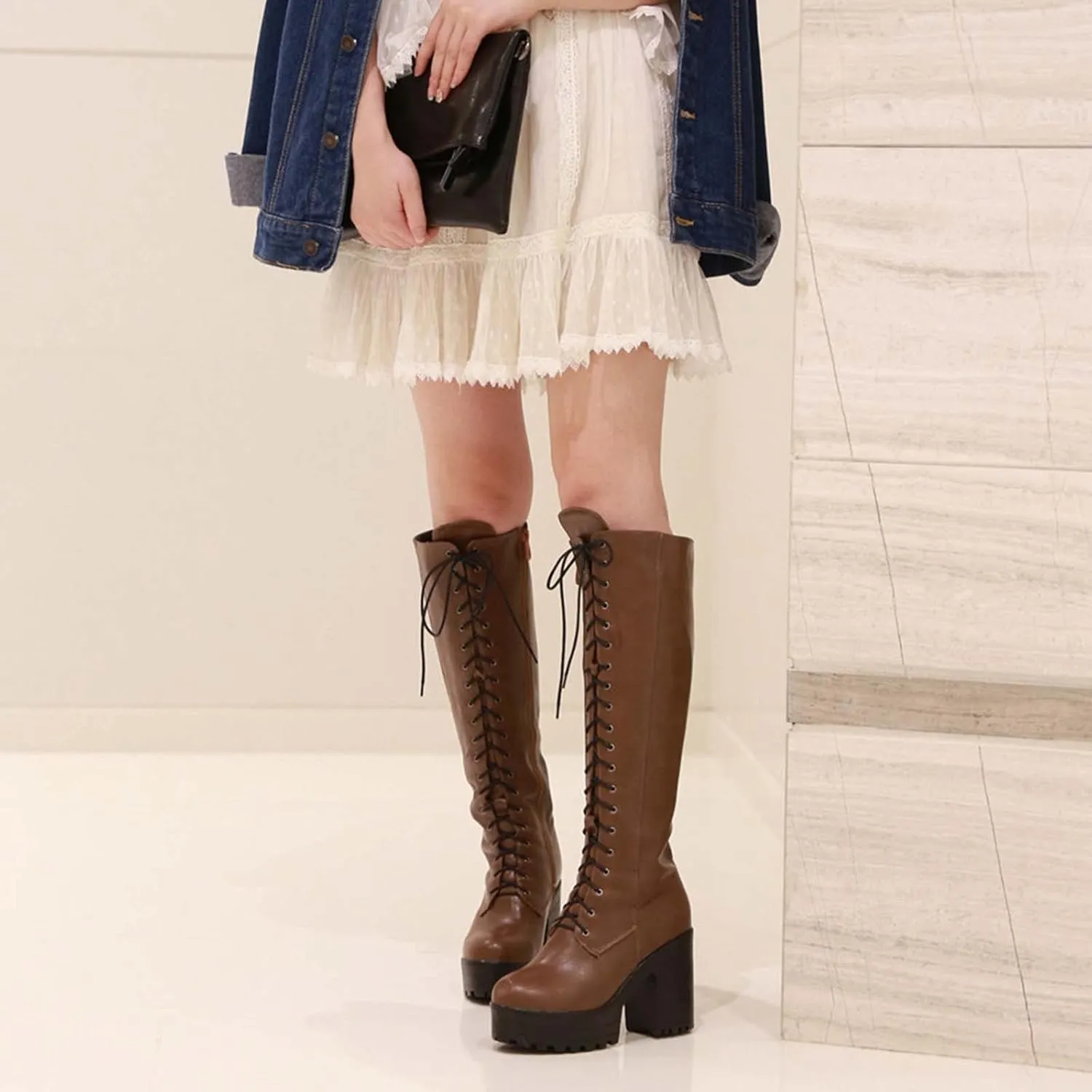 Erocalli Knee High Boots Lace up Military Combat Boots for Women Gothic Buckle Motorcycle Boot