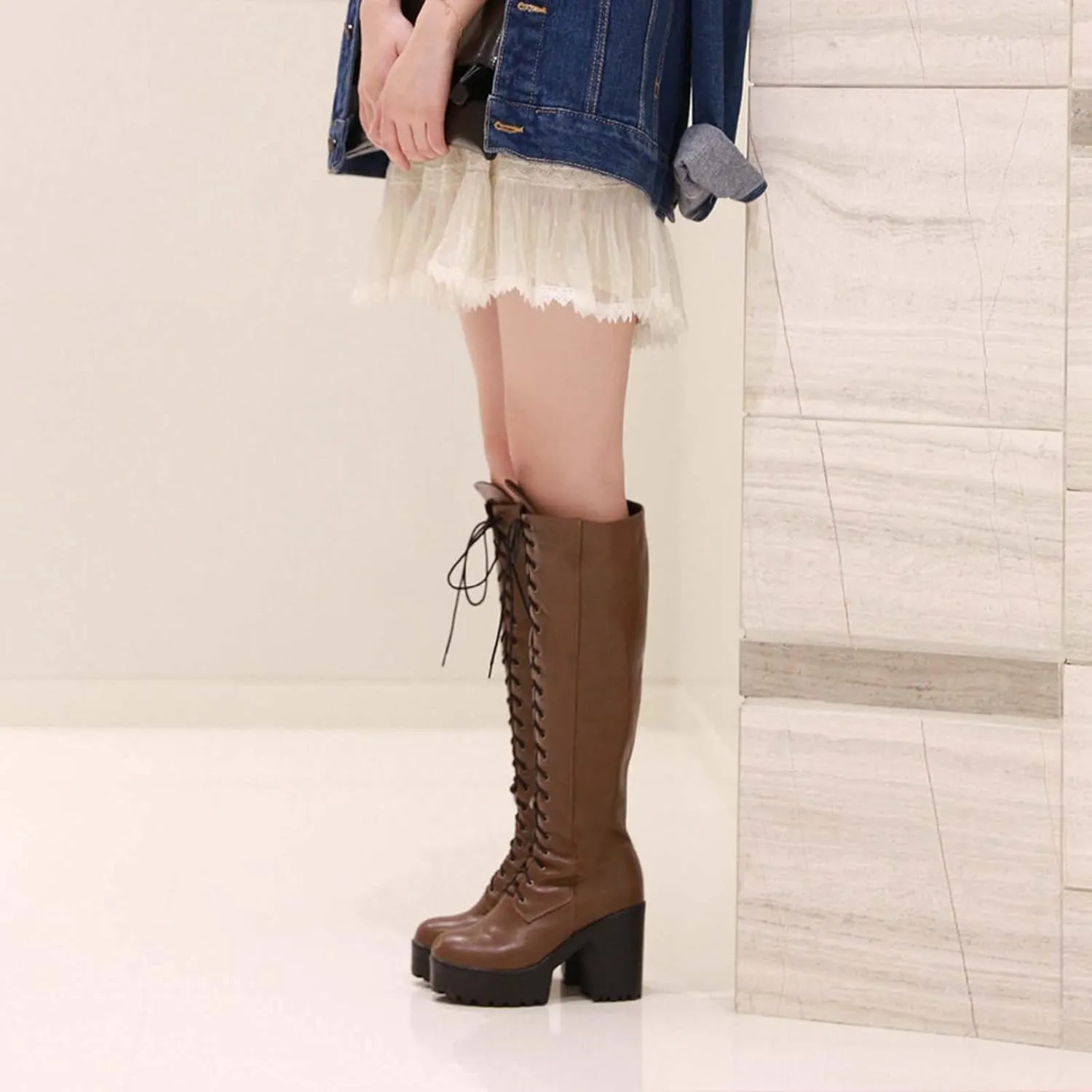 Erocalli Knee High Boots Lace up Military Combat Boots for Women Gothic Buckle Motorcycle Boot