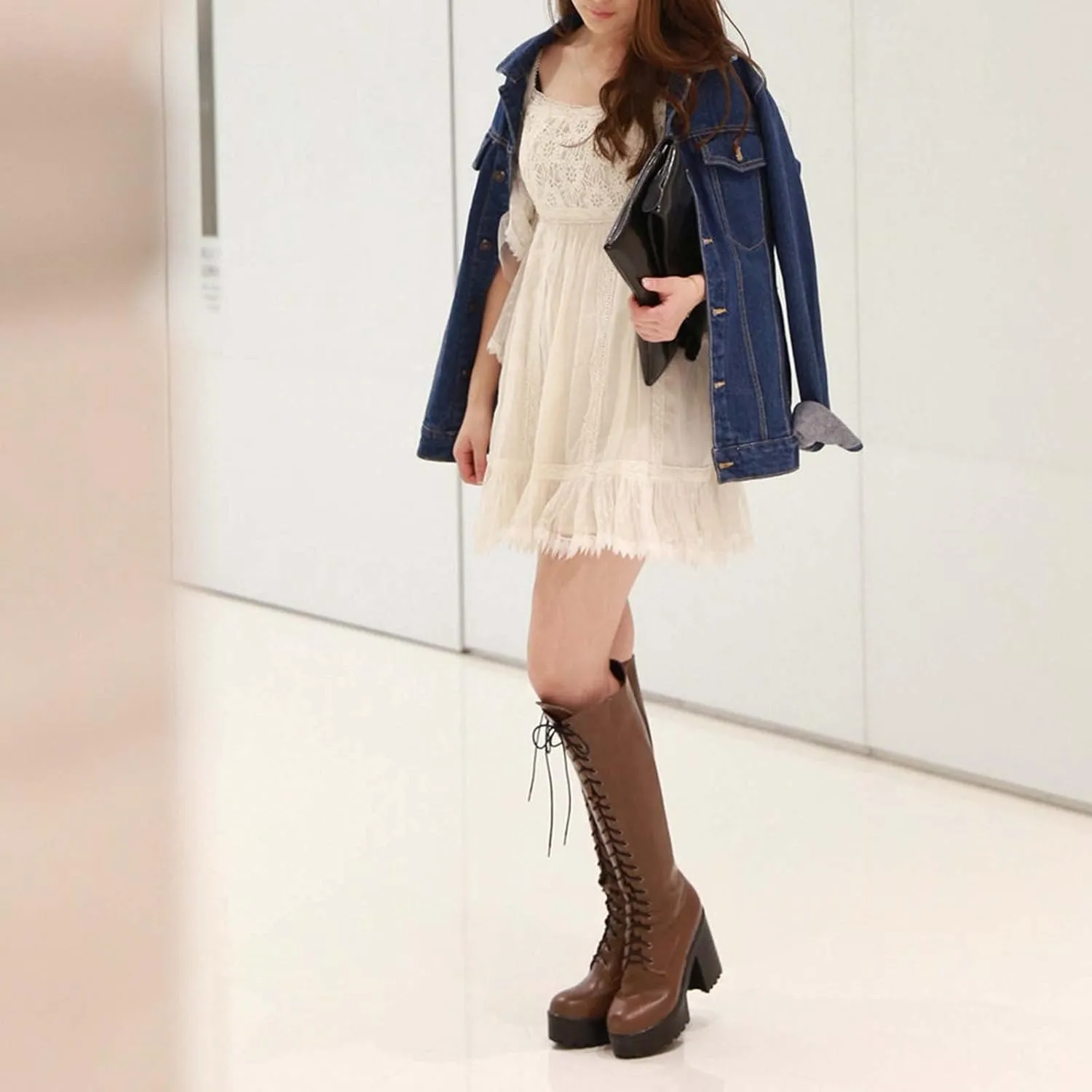 Erocalli Knee High Boots Lace up Military Combat Boots for Women Gothic Buckle Motorcycle Boot