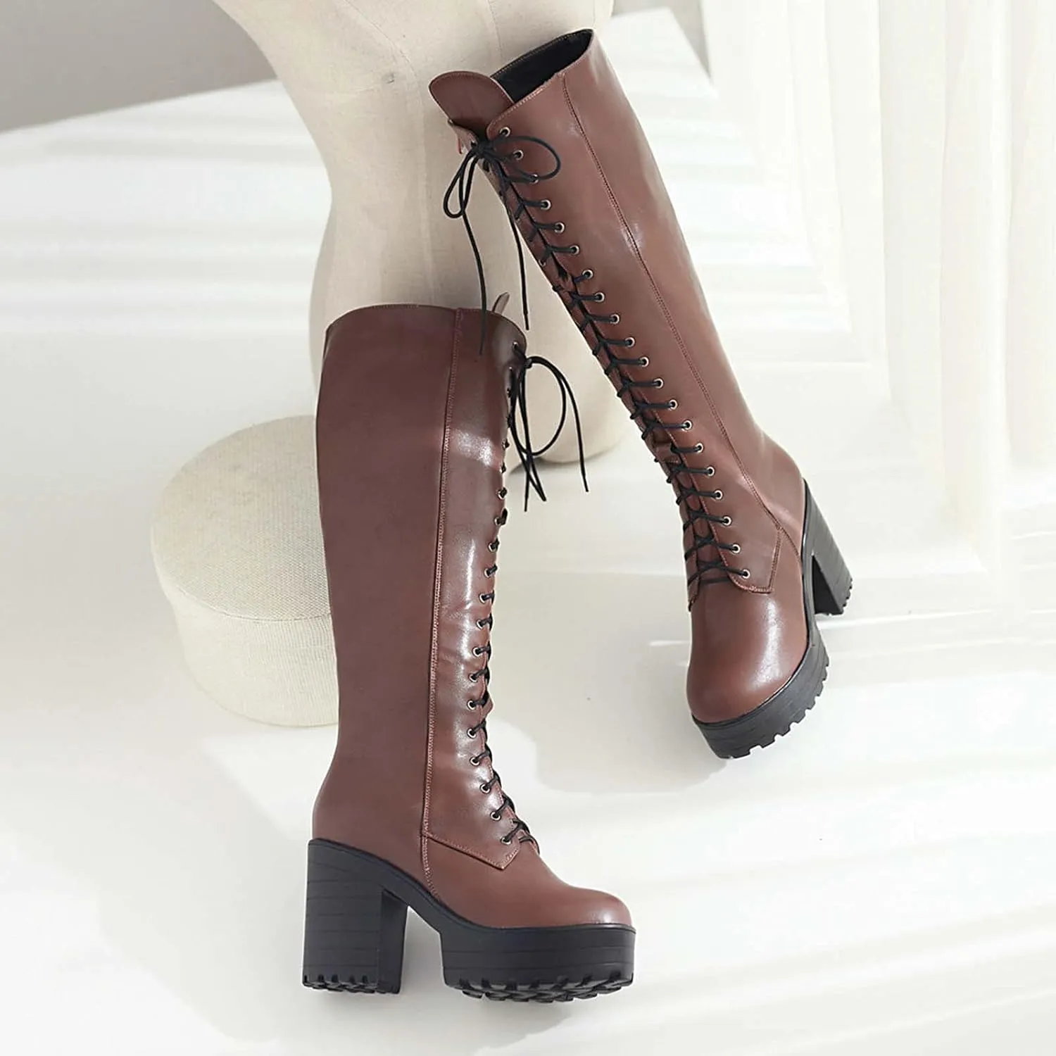 Erocalli Knee High Boots Lace up Military Combat Boots for Women Gothic Buckle Motorcycle Boot
