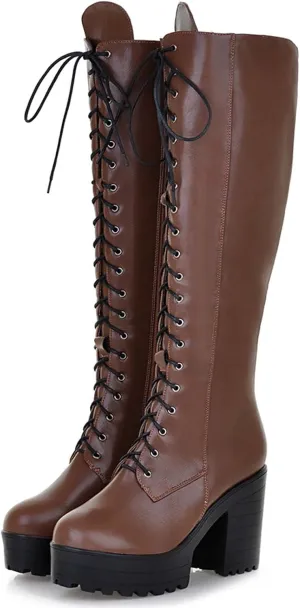 Erocalli Knee High Boots Lace up Military Combat Boots for Women Gothic Buckle Motorcycle Boot