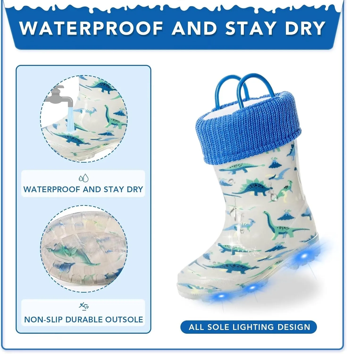 EUXTERPA Toddler Kids Light Up/Solid Color Rain Boots Waterproof Warm Fleece Lined Boots for Boys Girls Winter Snow Boots