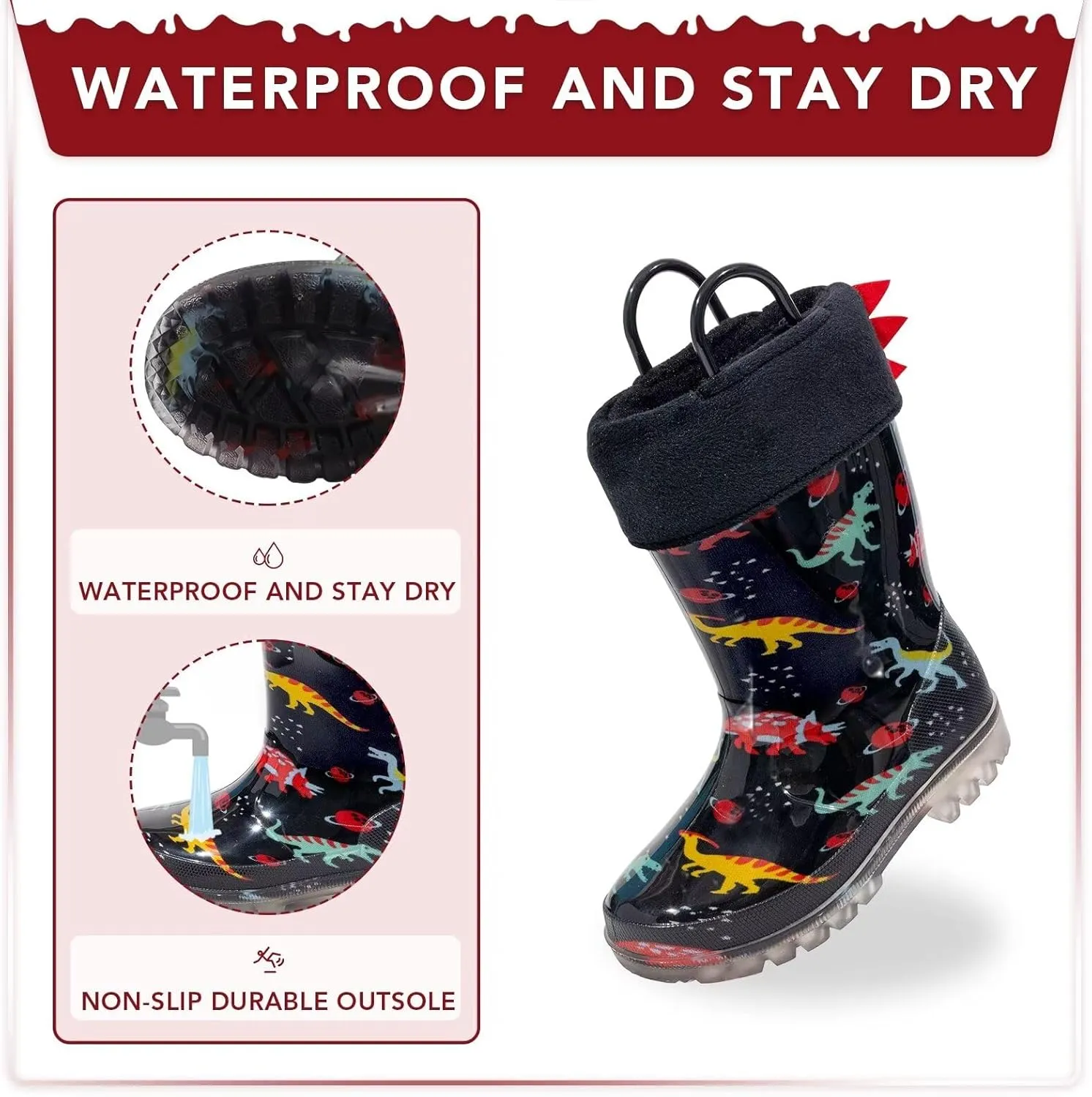 EUXTERPA Toddler Kids Light Up/Solid Color Rain Boots Waterproof Warm Fleece Lined Boots for Boys Girls Winter Snow Boots