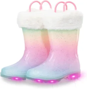 EUXTERPA Toddler Kids Light Up/Solid Color Rain Boots Waterproof Warm Fleece Lined Boots for Boys Girls Winter Snow Boots