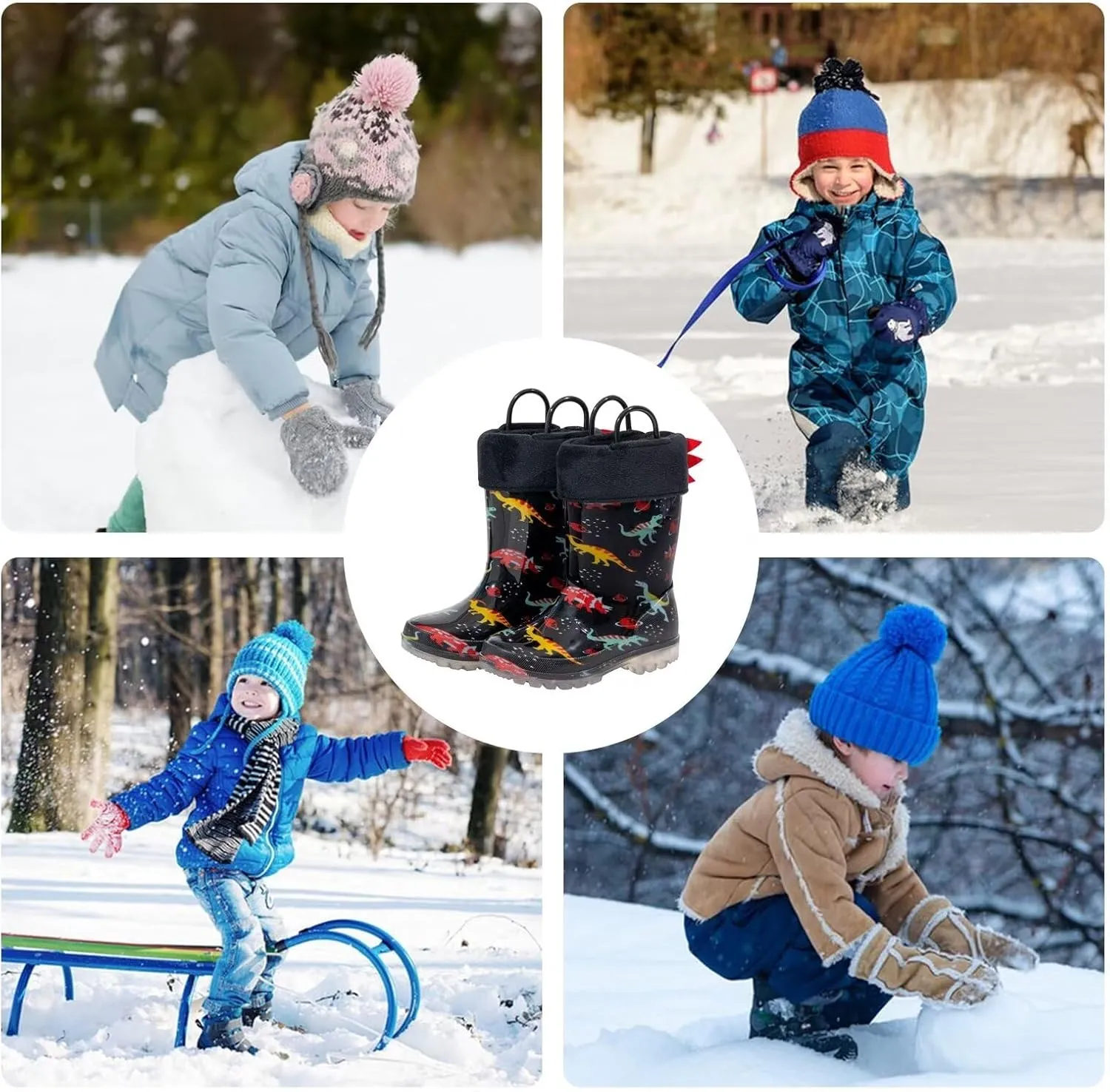 EUXTERPA Toddler Kids Light Up/Solid Color Rain Boots Waterproof Warm Fleece Lined Boots for Boys Girls Winter Snow Boots