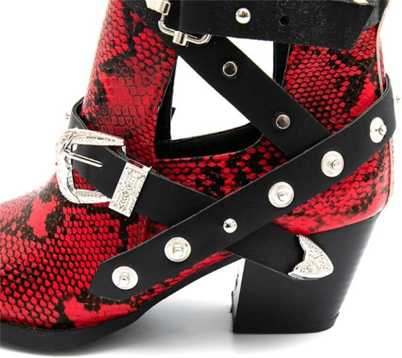 FAIRSOMA Women'S Cutout Snakeskin Chunky Heels Ankle Boots With Double Buckle,Casual Cutout Stacked Mid-Heels Pointed Toe Chelsea Western Booties Dress Jeans Booties