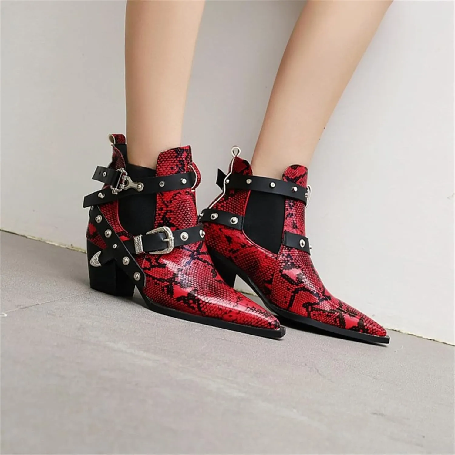 FAIRSOMA Women'S Cutout Snakeskin Chunky Heels Ankle Boots With Double Buckle,Casual Cutout Stacked Mid-Heels Pointed Toe Chelsea Western Booties Dress Jeans Booties
