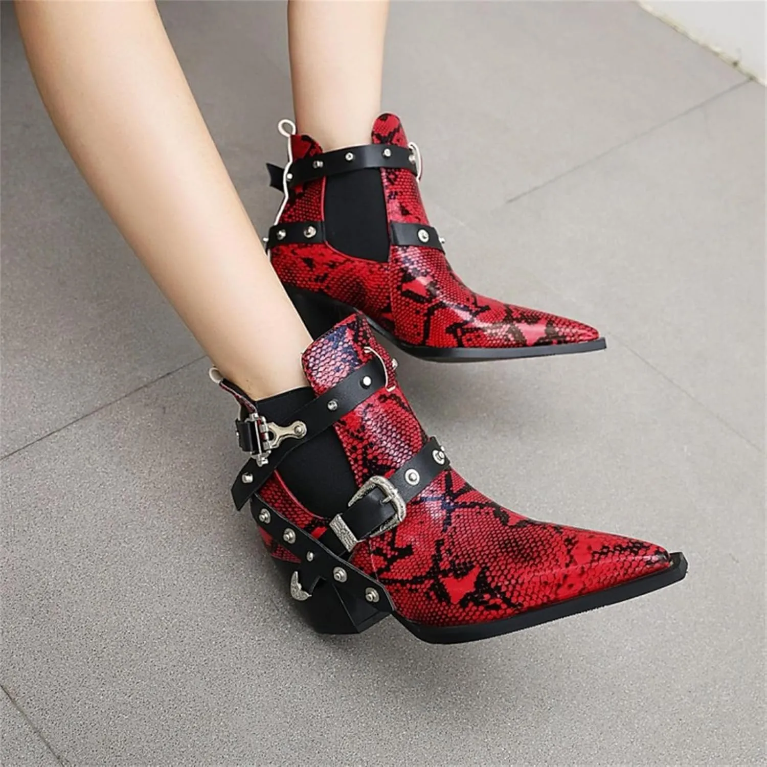 FAIRSOMA Women'S Cutout Snakeskin Chunky Heels Ankle Boots With Double Buckle,Casual Cutout Stacked Mid-Heels Pointed Toe Chelsea Western Booties Dress Jeans Booties