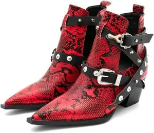 FAIRSOMA Women'S Cutout Snakeskin Chunky Heels Ankle Boots With Double Buckle,Casual Cutout Stacked Mid-Heels Pointed Toe Chelsea Western Booties Dress Jeans Booties