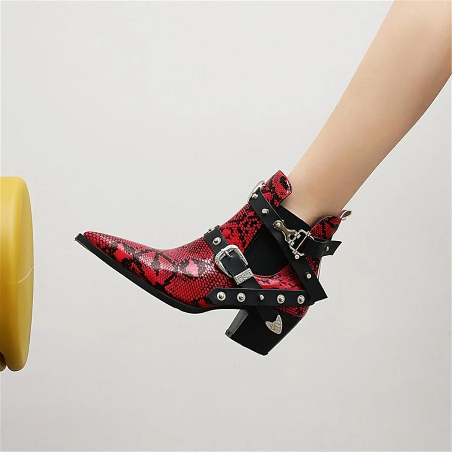 FAIRSOMA Women'S Cutout Snakeskin Chunky Heels Ankle Boots With Double Buckle,Casual Cutout Stacked Mid-Heels Pointed Toe Chelsea Western Booties Dress Jeans Booties